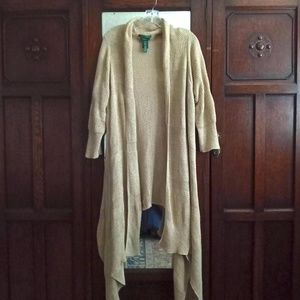 LAUREN RL Exclusive GOLD SPARKLE Sweater Long Cardicoat Cotton Open Front OS